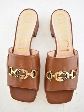 Gucci Zumi Papaya Brown Slide GG Interlocking Metal Logo Mule Flat Sandal $990